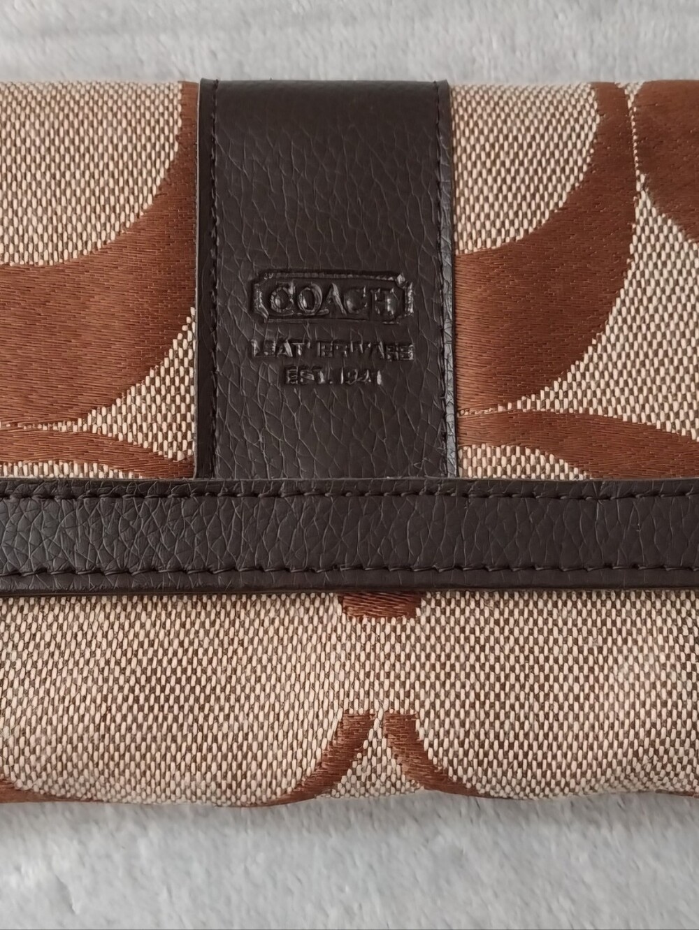Coach Signature C-Jacquard Brown Leather Long Wallet / Checkbook Flap Wallet